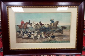 HUGE ALFRED WILLIAM STRUTT HAND COLORED FOX HUNT PRINT: 'Not Caught Yet', Horses, Wagon, Dogs, Antique, Framed