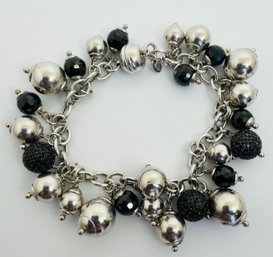 SIGNED MILOR ITALY STERLING SILVER BOBBLES WITH STERLING, BLACK ONYX AND BLACK CRYSTAL DANGLES BRACELET