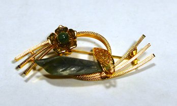 Vintage Gold Tone Floral Leaf Form Brooch W Genuine Jade Stones