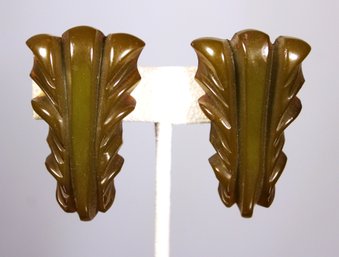 Pair Art Deco Bakelite Plastic Carved Converted Dress Clip To Earrings Ear Clips