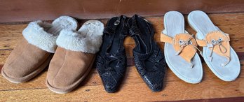 3 Pairs Womens' Shoes: Joan Vass Alligator (37.5), New Andrea Torelli Suede (37)  & Bass Slippers (7)
