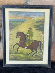 Vintage Indian Persian Horse And Rider Painting And Frame