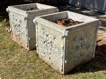Pair Of Cement Planter Boxes With Floral Designs