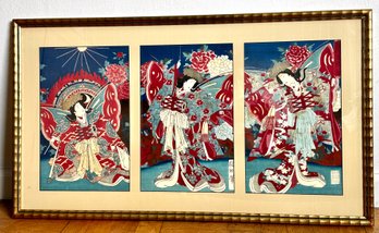 Vintage Japanese Watercolor Paintings Triptych
