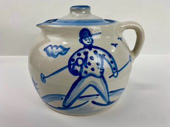 M. A. Hadley Pottery Covered Bean Pot With Spout, Skier, Signed