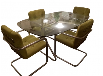 INCREDIBLE MID CENTURY CHROME CRAFT GLASS TABLE & 4 CHAIRS