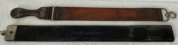 Pair Of Antique Advertising Leather Barber's Strops- To Sharpen Old-style Straight Razors