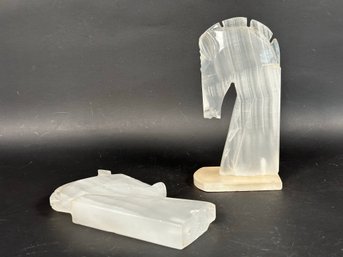 A Pair Of Vintage Carved Onyx Horsehead Bookends, Need Repair