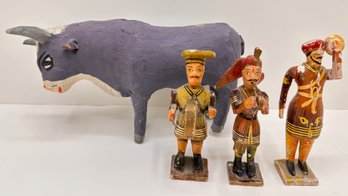 Vintage Indian Folk Art: 3 Wood Musician Figurines & Papier Mache Cow