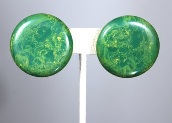 Vintage Green Marbleized Plastic Circular Earrings Ear Clips