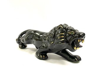 Vintage Mid Century Black Ceramic Lunging Lion!