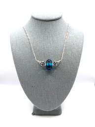 Beautiful Vintage Italian Sterling Silver Ornate Clear Blue Pendant Necklace