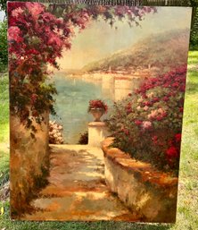 Beautiful Oil Painting With Flowers, Walkway & Houses ~ Signed Bongiuri?? ~