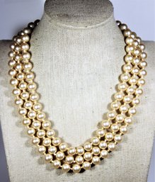 Signed CINER 1980s Faux Pearl Triple Strand Necklace W Large Pearl Clasp