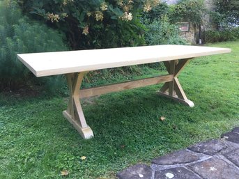 LARGE WHITEWASHED WHITE OAK LARGE TRESTLE STYLE WITH STRETCHER DINING TABLE