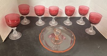 Adorable Antique Red Crystal  Wine Glasses And A Beautiful Depression Pin Glass Serving Tray. BS/A2