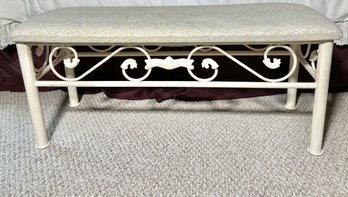 Vintage Wrought Iron White Painted Upholstered Bench