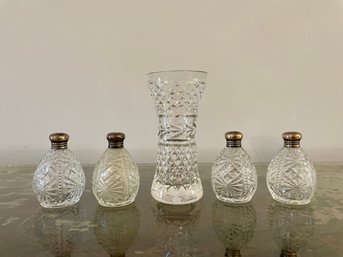 Waterford Bud Vase & Two Pair Of Vintage Cut Crystal S & P Shakers With Sterling Tops