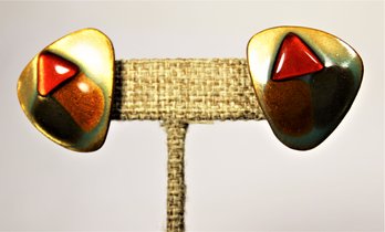 MCM Fused Glass Enamel On Copper Clip Earrings Art Moderne