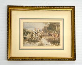 Vintage Print-John Cecil Lund 'Crossing The Stream' Matted And Framed