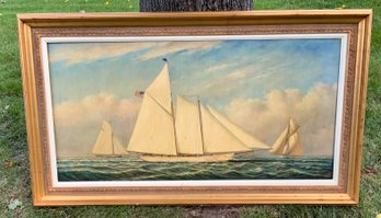 Beautifully Framed  Schooner Ship & 2 Sailboats Oil Painting ~ Signed D.Tayler ~