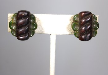 Vintage Green And Brown Bakelite Plastic Earrings Clips