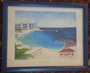 Framed Mixed Media Art 'Pelican Beach' Signed