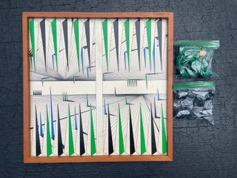 Vintage L Silk Screened, Signed And Numbered Backgammon Board With Black & Green Playing Pieces