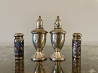 Two Pair Of S&P Shakers - Weighted Sterling & Cobalt Glass With Pierced Silver