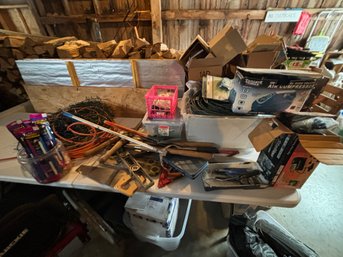 LOT OF ELECTRIC CORDS, HAND TOOLS, ETC.