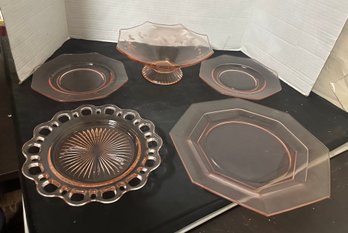 Pink Depression Glass Plates And A Beautiful Octagon Wheel Cut Bowl. BS/b2