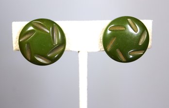 Pair Vintage Green Bakelite Carved Circular Earrings Ear Clips