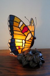 An Attractive Stained Glass Butterfly With Floral Base Accent Lamp - Working