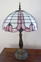 A Mauve, Purple And White Stained Glass Table Lamp With Floral Base - Working Condition