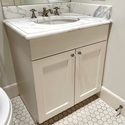 A Custom Marble Top Vanity - Kohler Sink - Harrington Brushed Nickel Hardware - Bath 3B