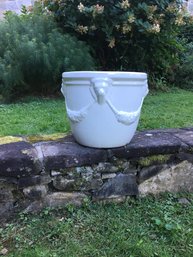 VINTAGE CRACKLE GLAZED VERY LARGE LION HEADS WITH GARLANDS CLAY POT, WHITE