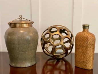 Lillian August Gold Toned Decor Group / Includes Chagrin Ginger Jar, Candy Metal Sphere & Carafe