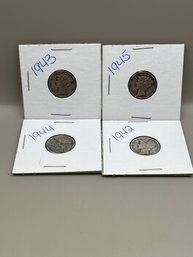 4 Mercury Dimes 1942, 1943, 1944, & 1945