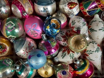 A Basket Full Of Mostly Vintage Glass Christmas Ornamets