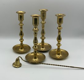 4 Nice Brass Candlesticks & Brass Candle Snuffer