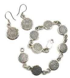 Vintage Set Of Mexican Sterling Silver Aztec Earrings And Bracelet