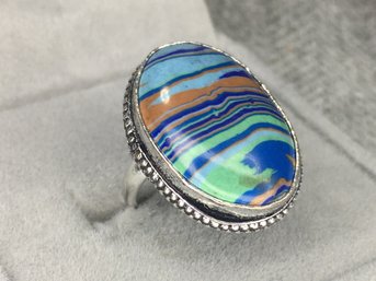 Lovely Sterling Silver / 925 Cocktail Ring With Rainbow Calsilica Cabochon - Highly Polished - Very Pretty !