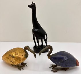 2 Vintage Ibis Birds With Cast Iron Heads & Feet  & African Giraffe Figurine