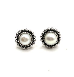 Vintage Sterling Silver Ornate Pearl Color Stud Earrings