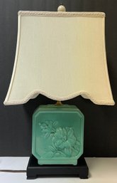 Vintage Mid Century Asian Floral Turquoise Green Pottery Table Lamp - Silk Shade - Metzgers West Harford CT