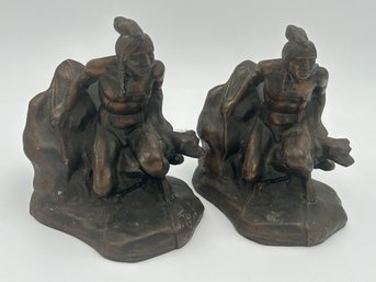 Antique Circa 1915 JENNINGS BROTHERS Bronzed Bookends- Native American Scouts With War Dogs
