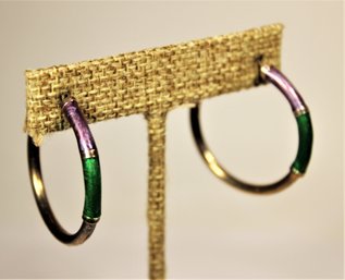 Vintage Purple And Green Enamel On Sterling Silver Hoop Pierced Earrings