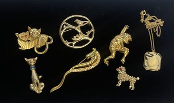 Vintage Animal Lot- Six Brooch/ Pins With Cats, Frog, Poodle, Birds, Seahorse And Cat Cameo Necklace