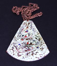 MCM 1960s Enamel On Copper Large Pendant Necklace On Chain 24' Long