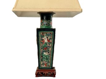 Vintage Hand Painted Chinese Table Lamp With Base And Finial Of Carved Wood